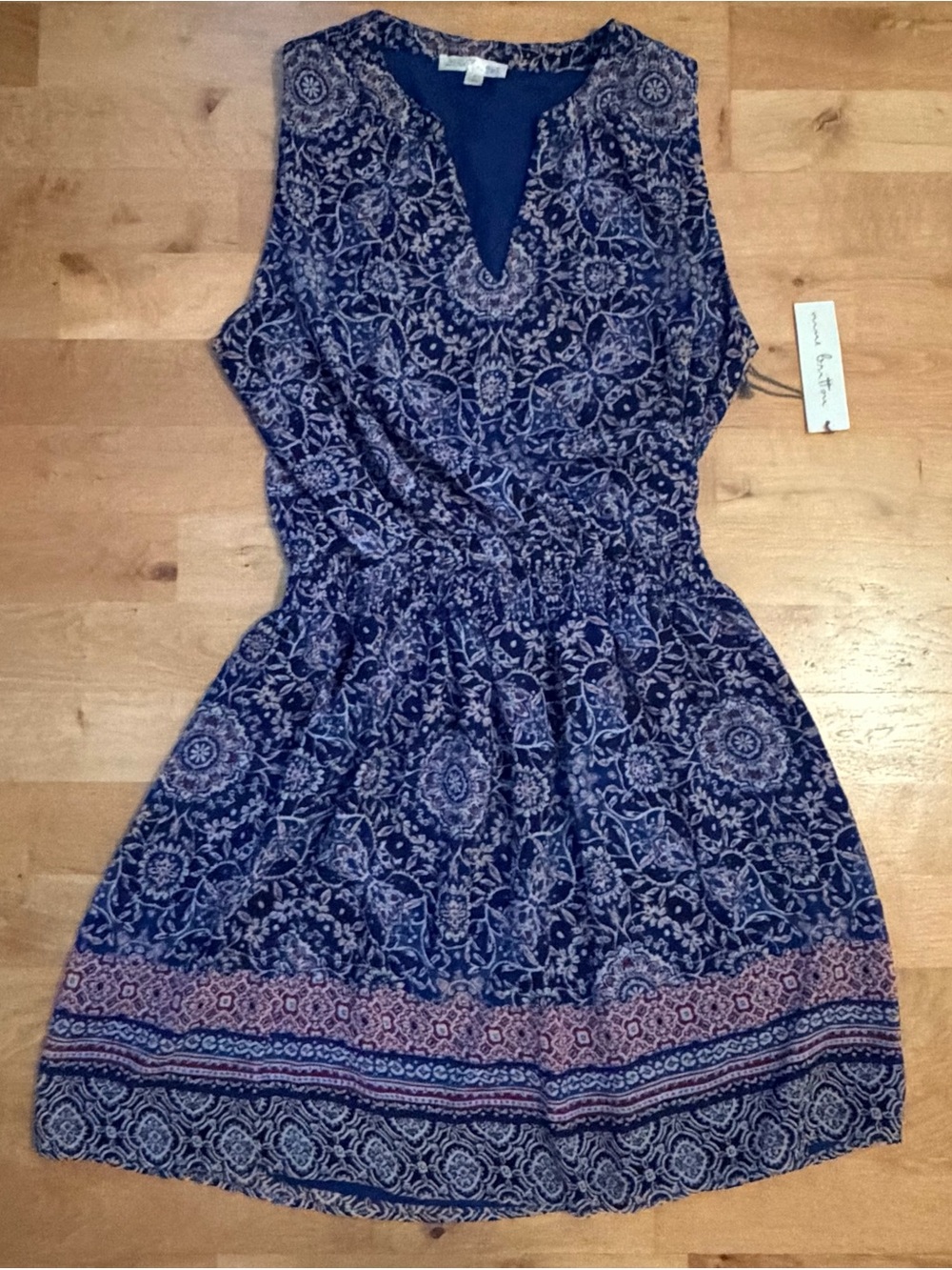 *NWT* Nine Britton Sleeveless V Neck Blue Geometric Print Knee Length Dress, S
